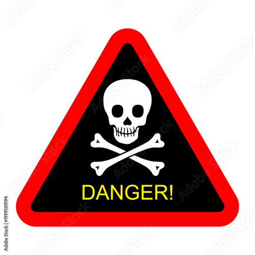 Obraz na płótnie Hazard warning icon with skull, poison danger triangle, toxic safety symbol vect