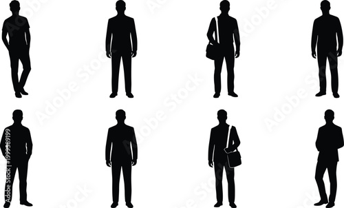 Standing silhouette collection with casual and business attire, diverse postures, and lifestyle icons – vector illustration