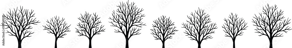 Obraz premium Stylized leafless tree silhouettes in horizontal row, diverse branching patterns black natural forest artwork botanical decorative design isolated vector illustration, flat vector illustration