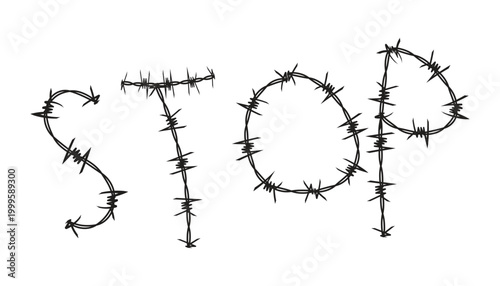 The word stop creatively shaped and formed entirely from black tangled barbed wire vector illustration design