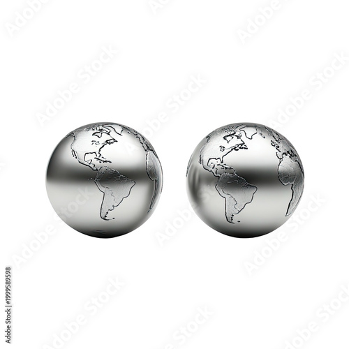 Two metallic globes side-by-side, continents etched, on black background