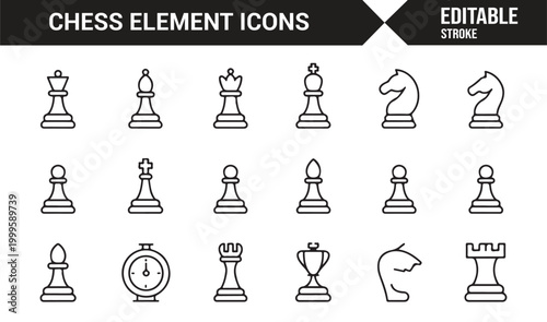 Outline chess element icons collection for web and app interfaces