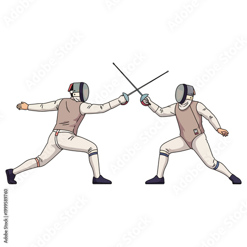 Two Fencers Sparring with Swords, Athletic Competition, Sport Illustration