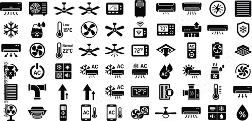 Air conditioner fan thermostat humidifier dehumidifier vent airflow icons, HVAC climate control artwork vector illustration for cooling heating ventilation and temperature design