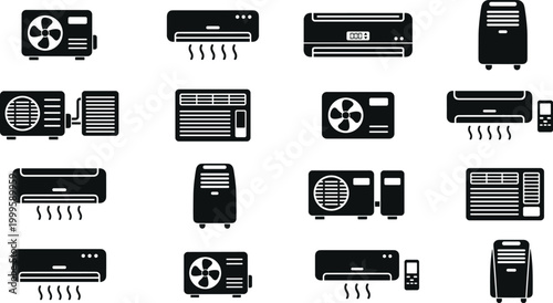 Air conditioning unit icons collection, split, portable, window AC, outdoor compressor systems, cooling equipment – flat vector illustration
