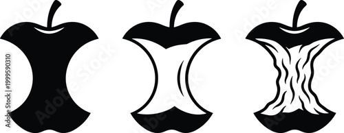 Apple core icons with stem textured outline design, fruit artwork decorative vector illustration element for food, nutrition, waste, and eco concept design, flat vector illustration