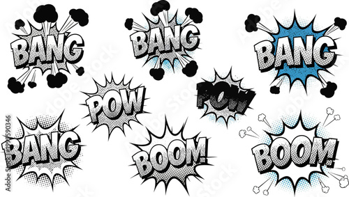 Comic book speech bubbles with bang pow and boom words in various styles and colors