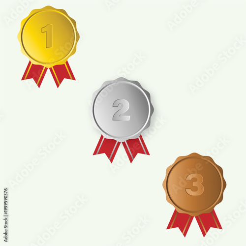 Gold Silver Bronze Medals with Numbers 1 2 3, Award Ribbon Badges Set, Winner Ranking Vector