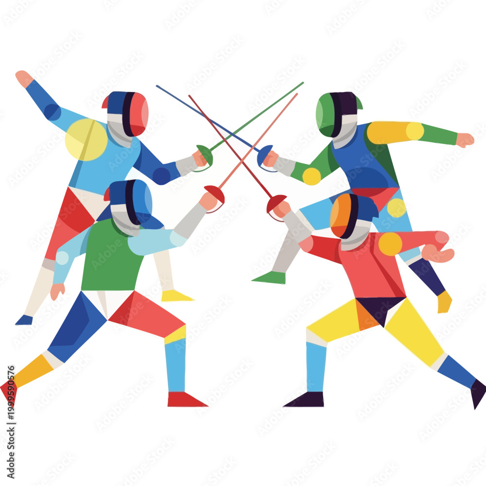Fototapeta premium Fencing Competition: Four Athletes Sparring with Swords in Dynamic Action