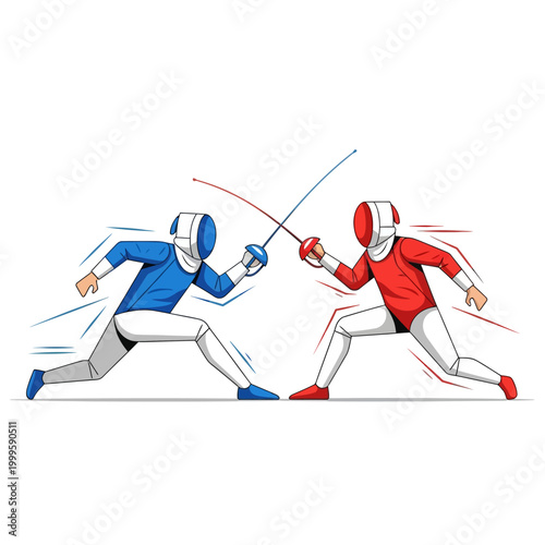 Fencers in action, blue vs red, dynamic pose, competitive sport illustration