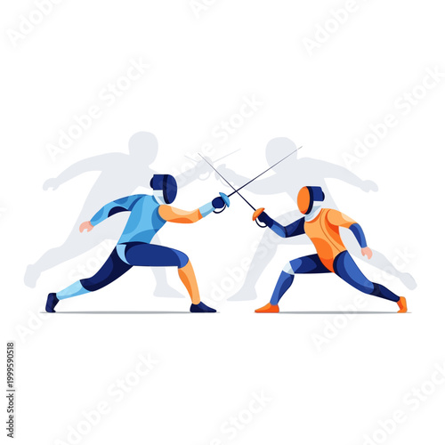 Fencers duel with swords, dynamic action, sport illustration