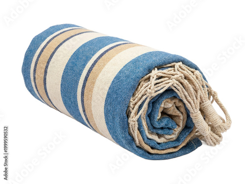 Rolled blue and beige striped fabric, comfortable, versatile, perfect as a soft hammock or cozy beach towel for summer leisure, travel, outdoor use