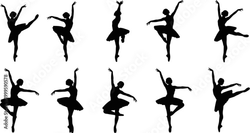 set of female ballet dancer silhouette poses in various dance movements isolated on white background