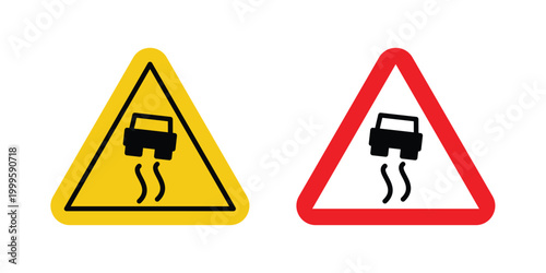 Slippery road sign outlined. Flat fill icons