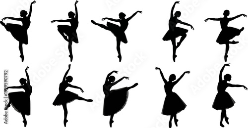 set of ballet dancer poses in various movements isolated on white background