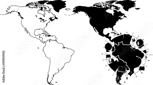 World map with highlighted regions and celestial navigation symbols on white background