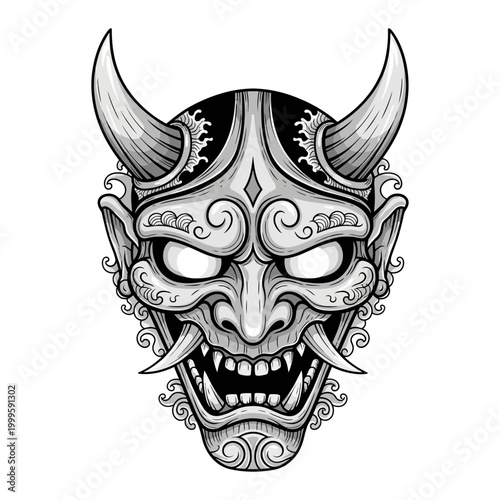 Detailed Japanese Hannya mask vector illustration with horns and fangs isolated on white background