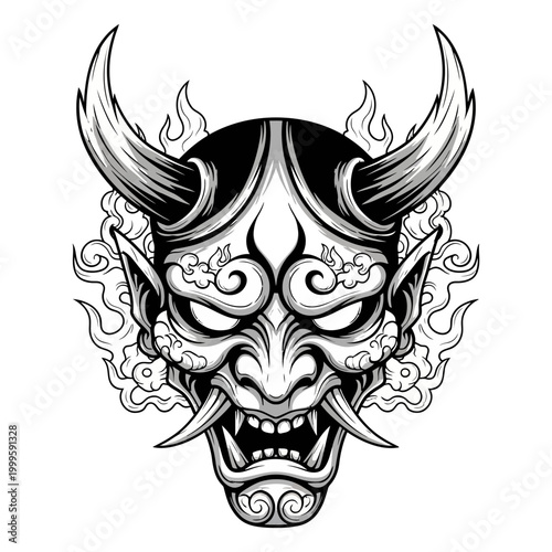 Traditional Japanese Hannya mask vector illustration with horns and fangs isolated on white background