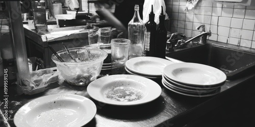 Dirty white dishes in restaurant kitchen after party with mess scene.