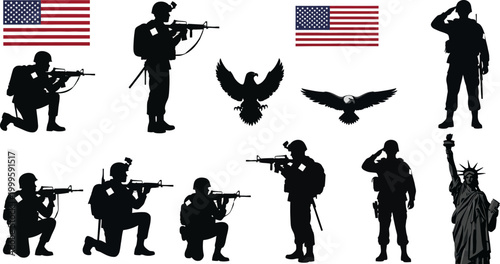 American military soldiers and patriotic symbols in black silhouette on white background