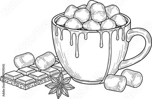 Hand Drawn Hot Chocolate Mug with Marshmallows, Chocolate Bar, Anise Star, and Candy for Winter Cafe and Menu DesignsHand Drawn Hot Chocolate Mug with Marshmallows, Chocolate Bar, Anise Star, and Cand
