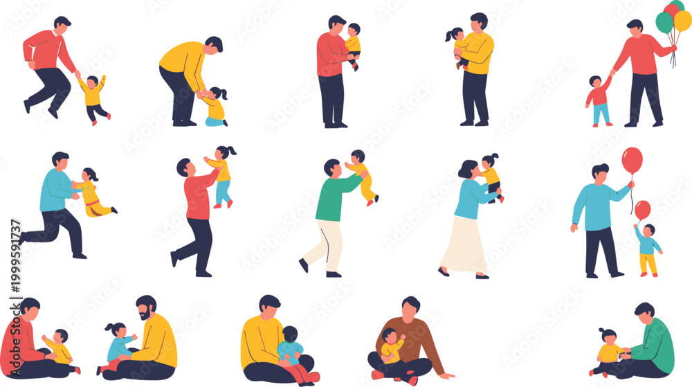 Fototapeta premium Parents and children family activities collection with playful parenting moments in flat vector illustration set