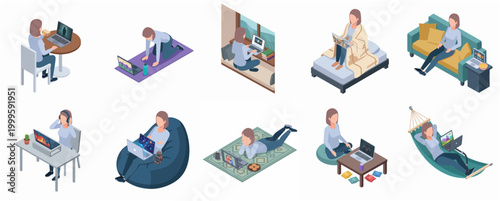 Diverse Isometric Collection of People Working and Relaxing with Laptops in Various Indoor Settings