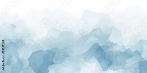 Misty blue winter landscape featuring an abstract mountain iceberg and high snow peaks under a soft sunrise sky with morning clouds and forest fog