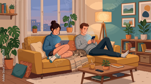 Couple sharing quiet moment with technology in warm living room flat digital illustration