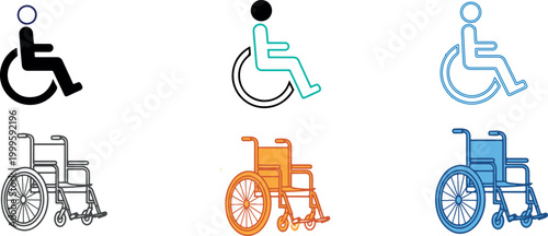 Set of wheelchair accessibility icons and disability symbols for inclusive design, medical and healthcare sign vector.