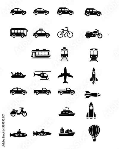 Vehicles icons including cars, buses, bicycles, airplanes, and boats are shown.