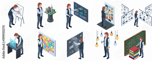 Isometric Collection of a Business Person Engaging in Various Planning and Presentation Activities