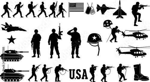 American military symbols and soldiers silhouettes with weapons and vehicles  USA army icons
