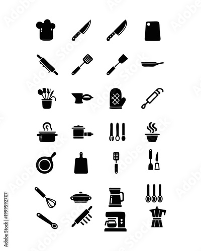 Kitchen utensils and tools icons on white background for cooking