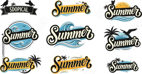 Summer vacation graphic design elements with beach and tropical themes