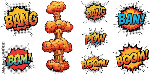 comic book explosion sound effects in pop art style on white background