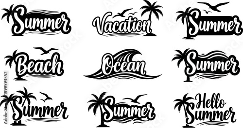 Summer vacation beach ocean hello signs with palm trees and waves  a collection of nine black and white graphics
