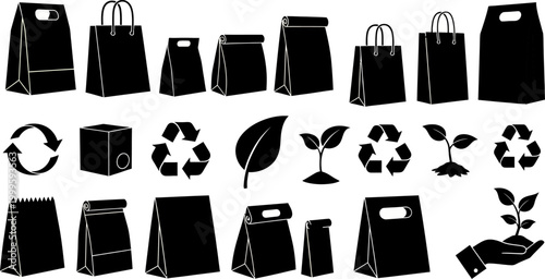 Eco friendly shopping bags and recycling symbols with leaf and hand holding plant