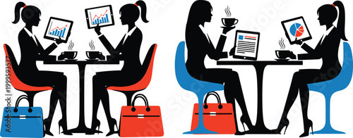 Business Women Analyzing Data and Reports on Tablets while Sitting at a Cafe Table with Coffee in a Professional Setting