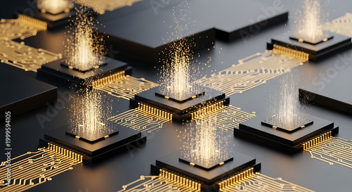 abstract circuit board landscape with golden data streams and glowing pathways high quality