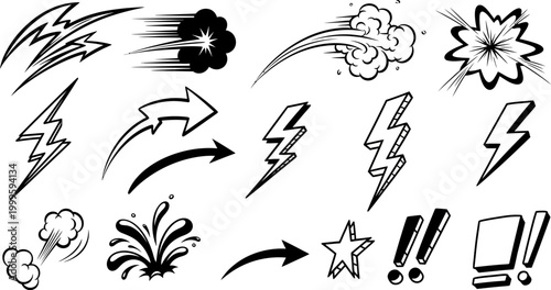 Collection of various comic book style graphic design elements for illustrations  arrows lightning bolts explosions and motion effects