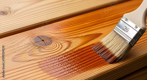 Wood staining process with paintbrush and protective coating on timber deck