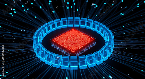 illuminated circuit board with concentric rings digital technology and data concept high quality