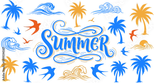 summer season graphic design with palm trees waves and birds  tropical vacation concept