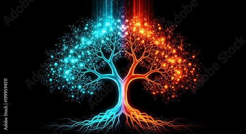 abstract tree with glowing blue and orange light against a black background