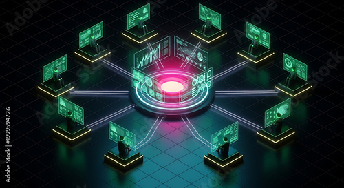 futuristic data network with glowing screens and central processing unit high quality professional