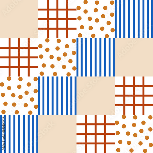 Seamless geometric pattern. Stripes, checkered, circle, background. Patchwork. Sewing. Vector