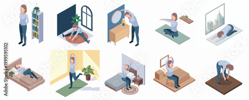 Isometric Set of People Performing Daily Wellness Activities and Gentle Exercises in Home Environments
