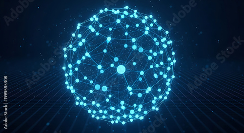 abstract neural network sphere with glowing connections on dark blue background high quality