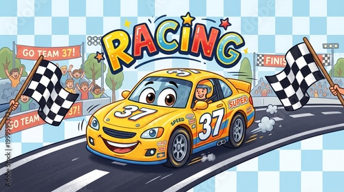 Excited Cartoon Race Car Number 37 with Driver and Cheering Crowd